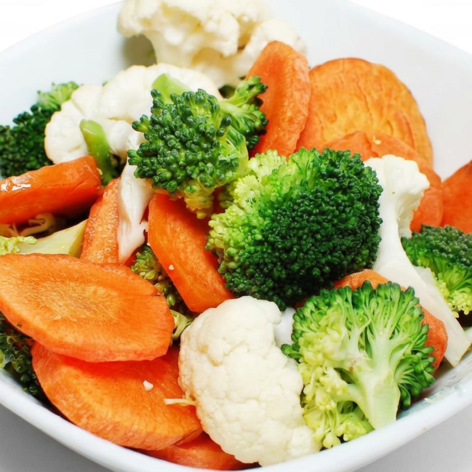 Bowl of steamed broccoli, cauliflower, and sliced carrots served on a white plate.