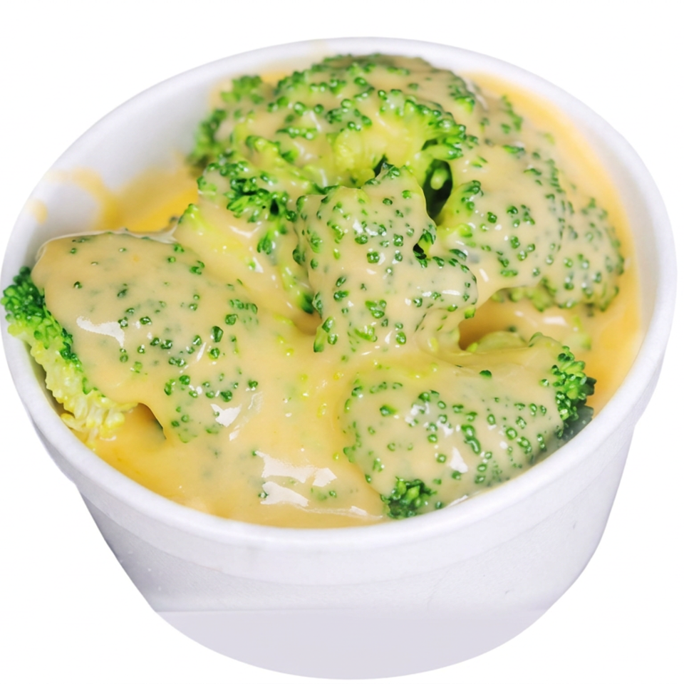Steamed broccoli florets covered in creamy yellow cheese sauce in a white bowl.