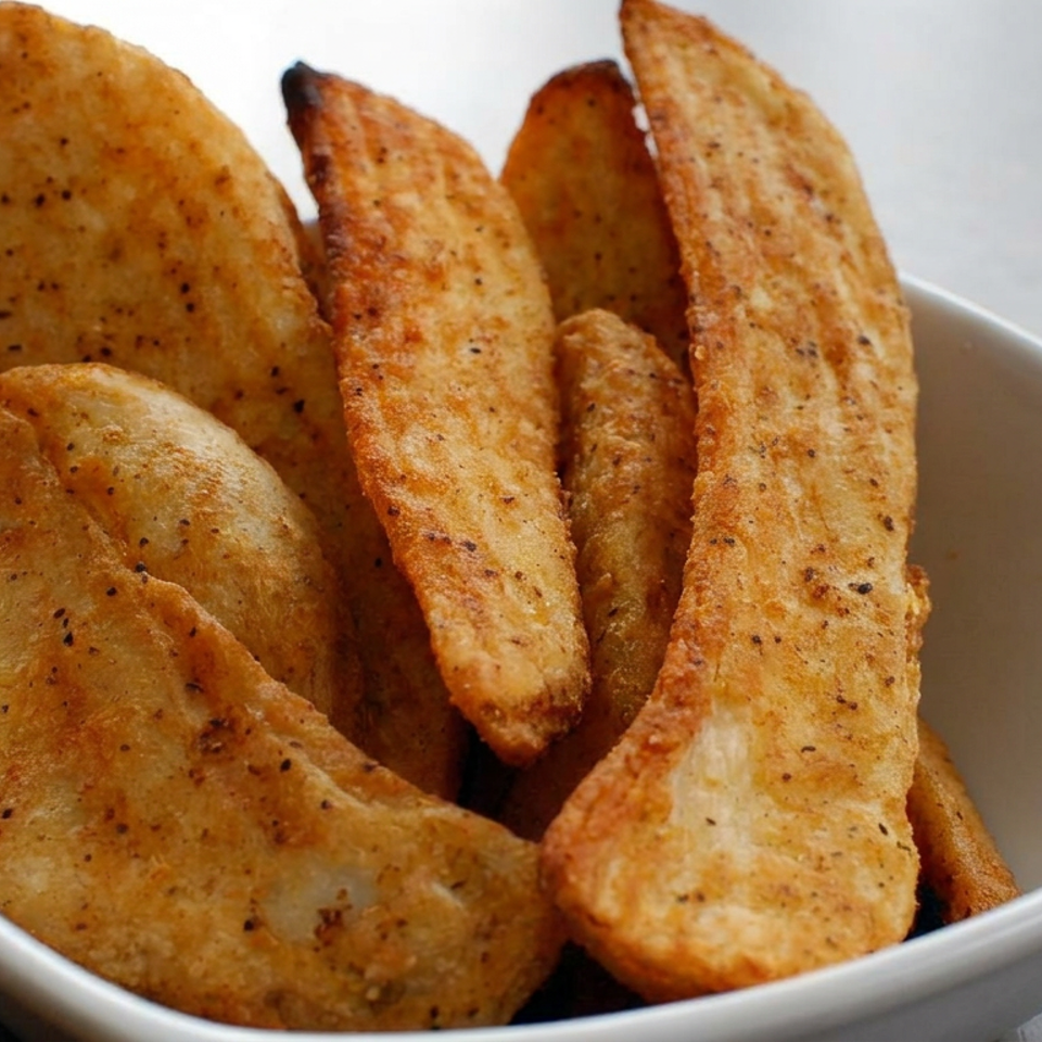 Bowl of golden, seasoned fried potato wedges arranged upright on a tabletop.