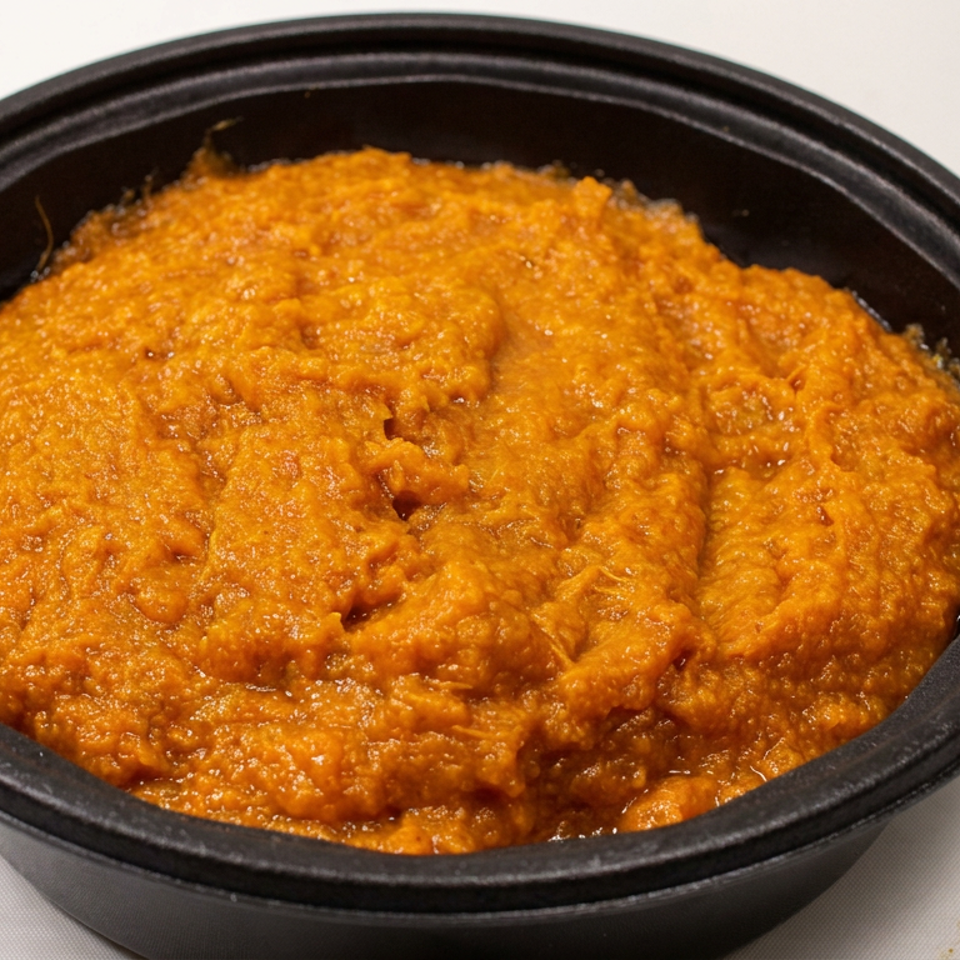 Baked orange casserole with a textured, crispy surface served in a black oval dish.